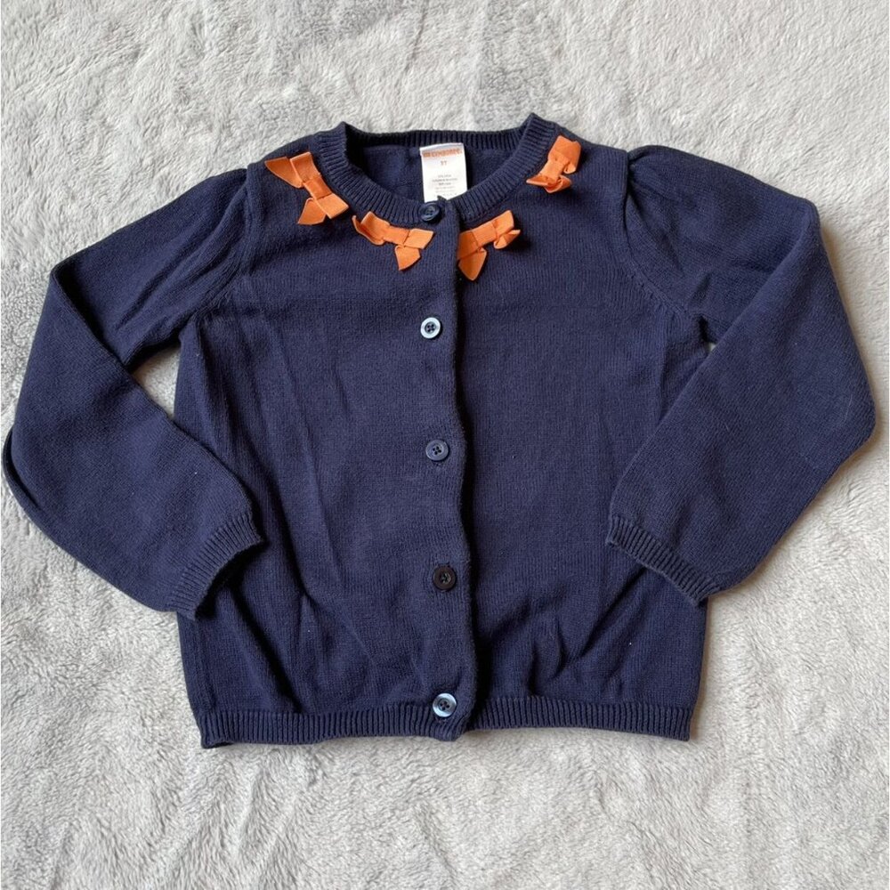 Gymboree 3T Navy Blue Cardigan with Orange Bows around Collar
